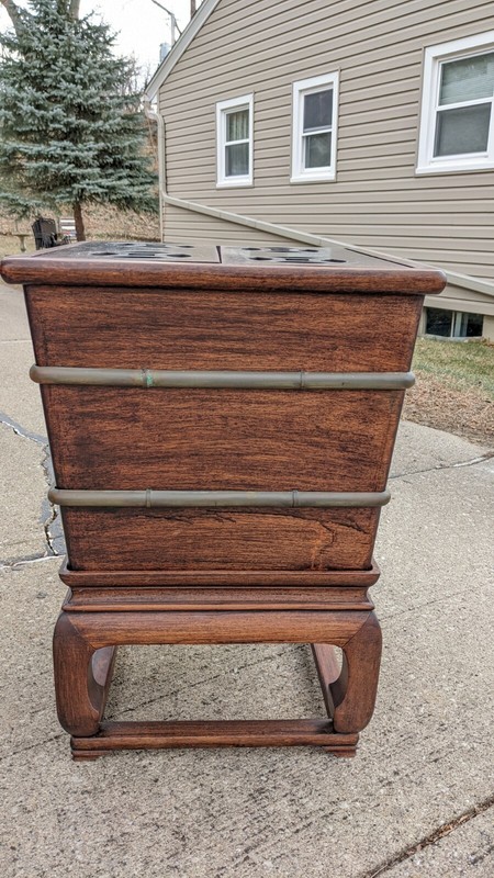 Antique Cellarette Asian Hardwood Side Table Mid Century Brass Wine Winery gallery