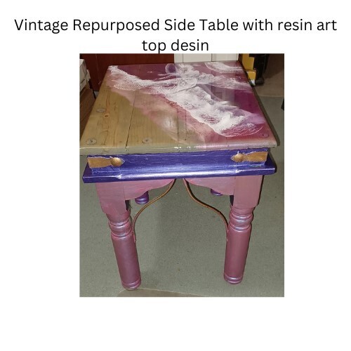 Pink and Purple Vintage Wooden Side Table with Resin Art Desin top