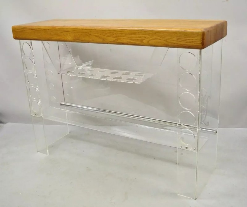 Vintage Mid Century Modern Lucite and Oak Wood Butcher Block Liquor Bar Table gallery