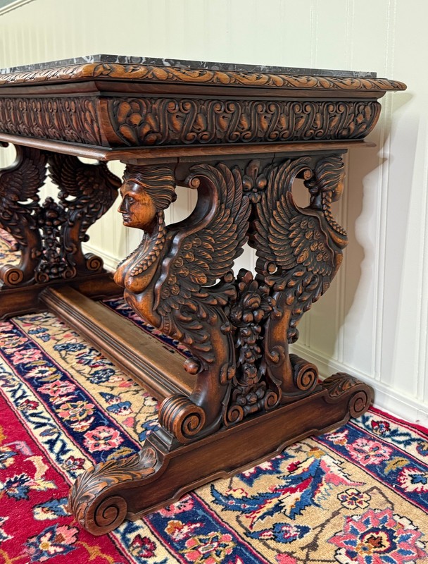 Antique French Coffee Table Bench Window Seat Marble Top Oak Renaissance Revival gallery