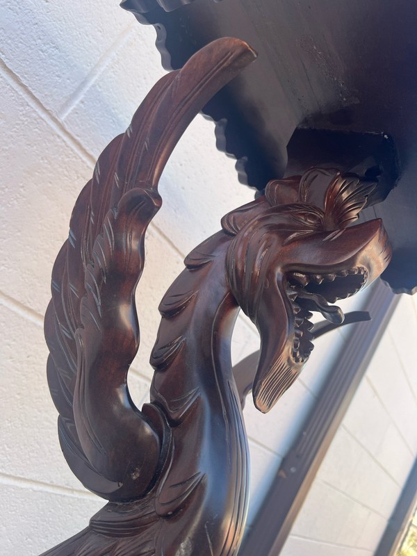 VINTAGE ORNATE WOOD CARVED DRAGON TABLE GOTHIC 43” TALL WALNUT