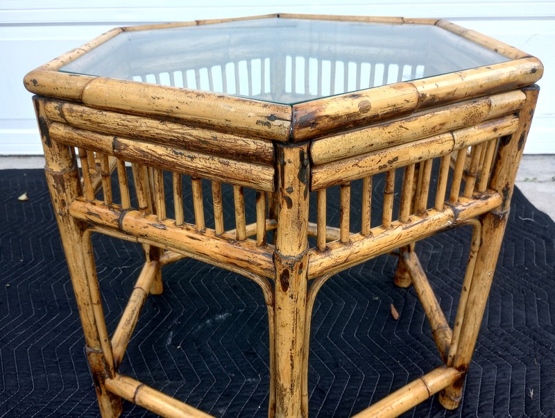 Vintage Mid Century Burnt Bamboo Brighton Style Side Table Glass Top gallery
