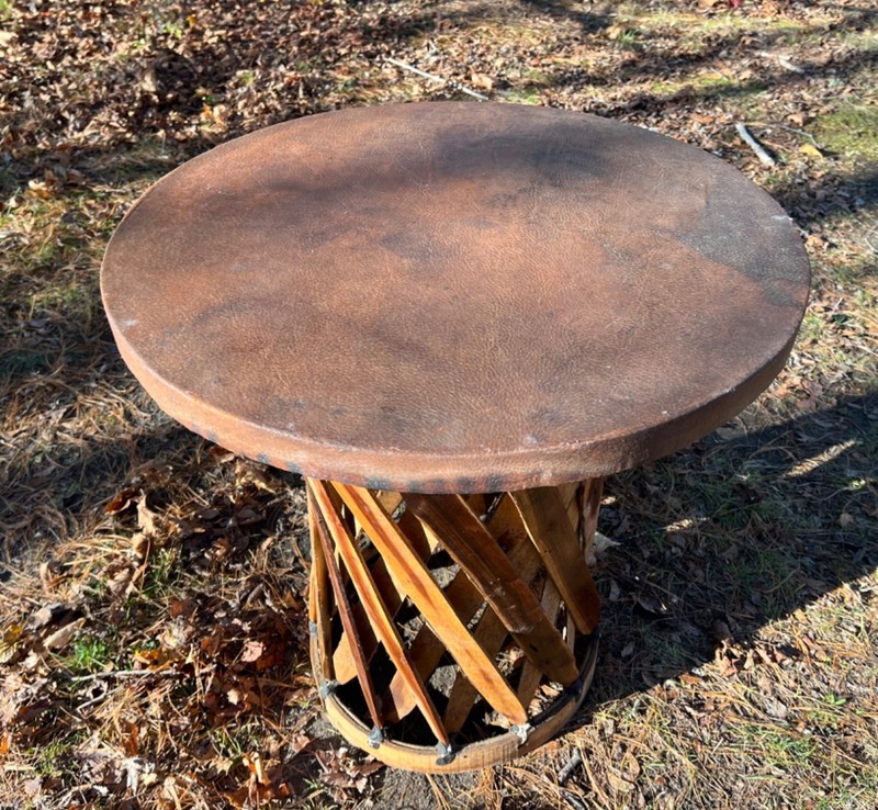 Equipale Mexico Side Table Leather Top Cedar Wood Strip Base 1950s Aztec FolkArt gallery
