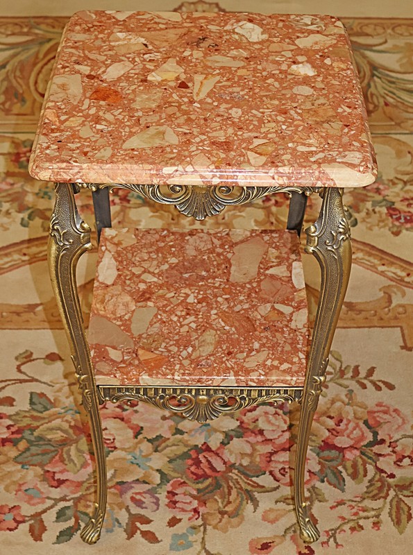 ​​Italian Square Bronze And Marble Two Tier End Table Pedestal Table gallery