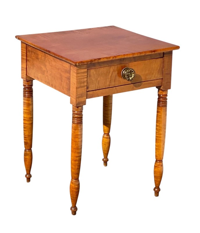 Antique 19th Century Sheraton New England Tiger Maple Work Table / Nightstand gallery