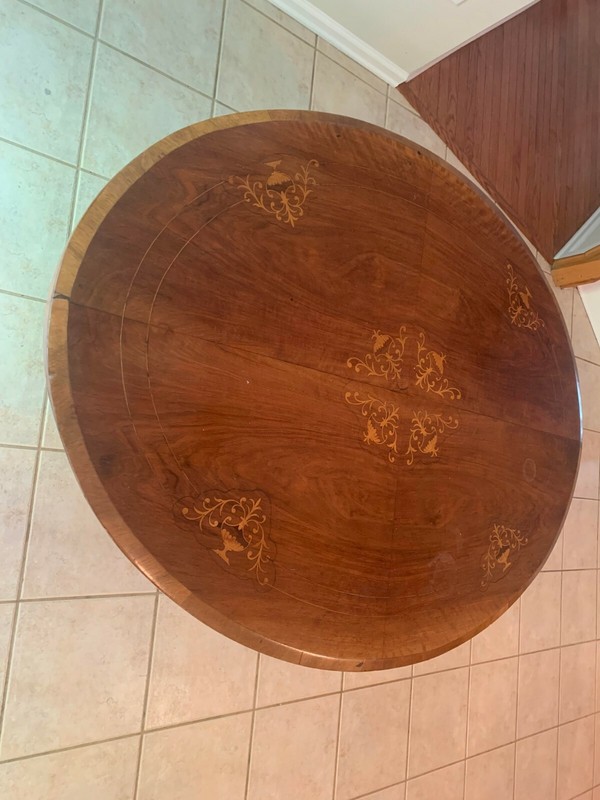 Antique Victorian Burr Inlaid Walnut Oval Tilt Top Loo Table gallery