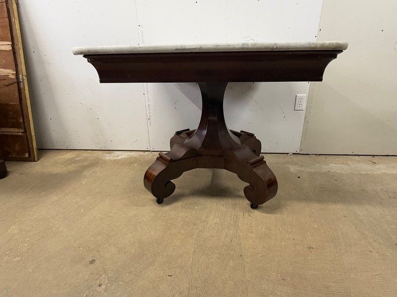 Antique classical empire flame mahogany marble top center table Meeks NY 1830 gallery