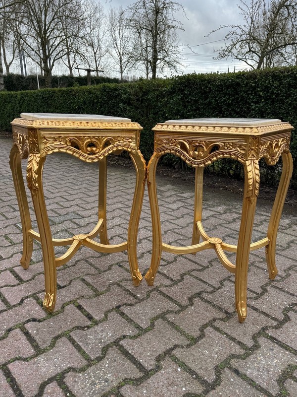 Side Tables French Louis XVI Gold Beech Italian Marble 1970 Accent Pair 2 Pcs gallery