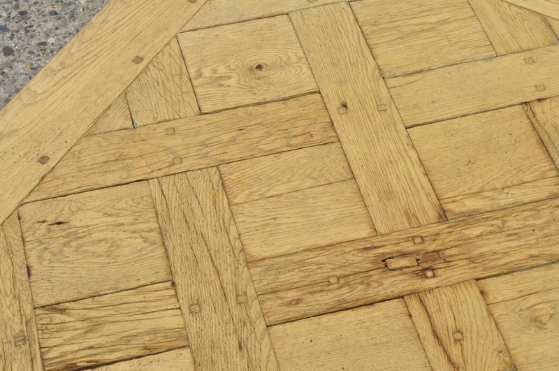 French Baroque Parquetry Inlay Dining Table of 18th C. Oak Wood Plank Flooring gallery
