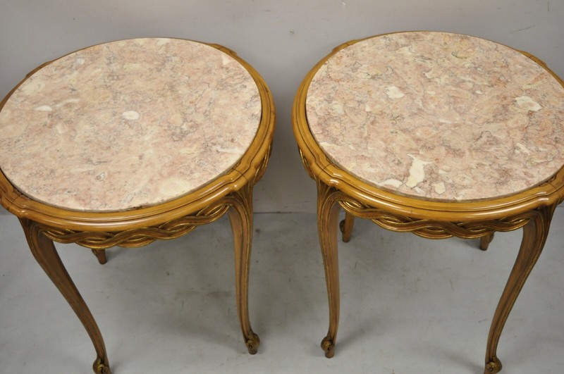 French Provincial Hollywood Regency Round Pink Marble Top Side Tables - a Pair gallery