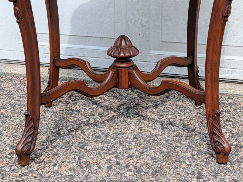 Antique French Louis XV Style Table, Inlaid Top, Carved Sides, 4 Joined Legs gallery
