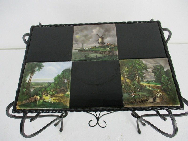 Vintage Side Table Plant stand Ceramic Tiles Wrought Iron Legs Farmlife scenes gallery