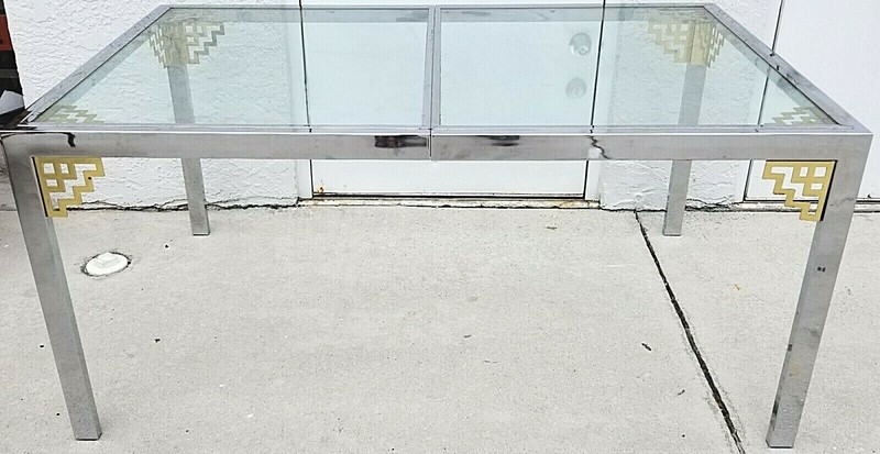 MCM 1970's MASTERCRAFT Style Hollywood Regency Chrome and Glass Dining Table 60" gallery