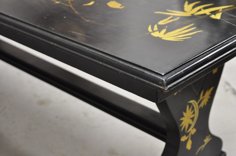 Vintage Chinoiserie Asian Inspired Black Painted Gold Gilt Trestle Coffee Table gallery