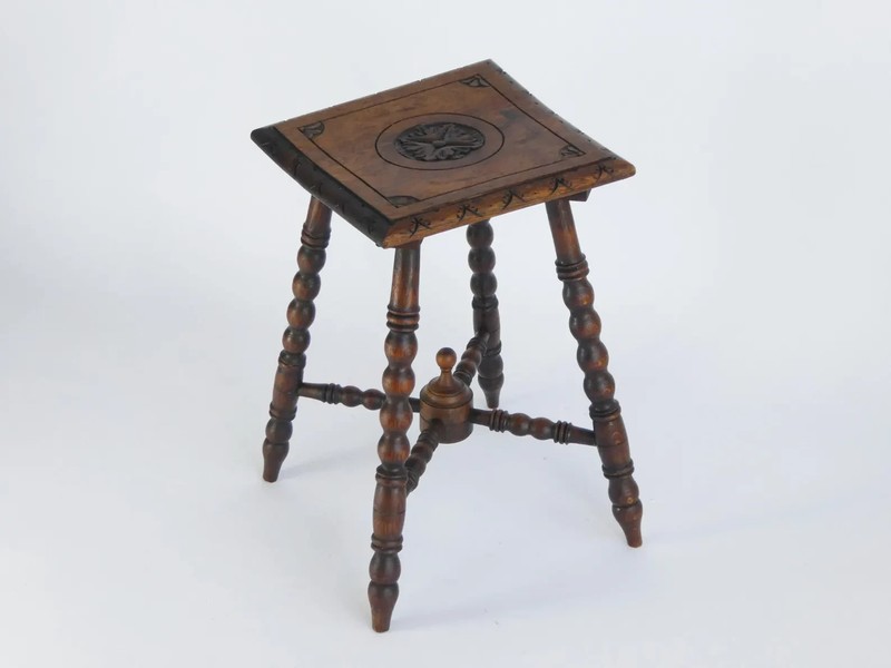Antique Small Bobbin Wooden Stool, Carved Side Table with Flower, Barley Twist gallery