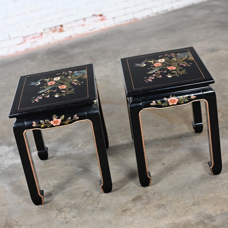 Distressed Chinoiserie Pair Black Lacquered End or Side Tables Ming Style Feet gallery