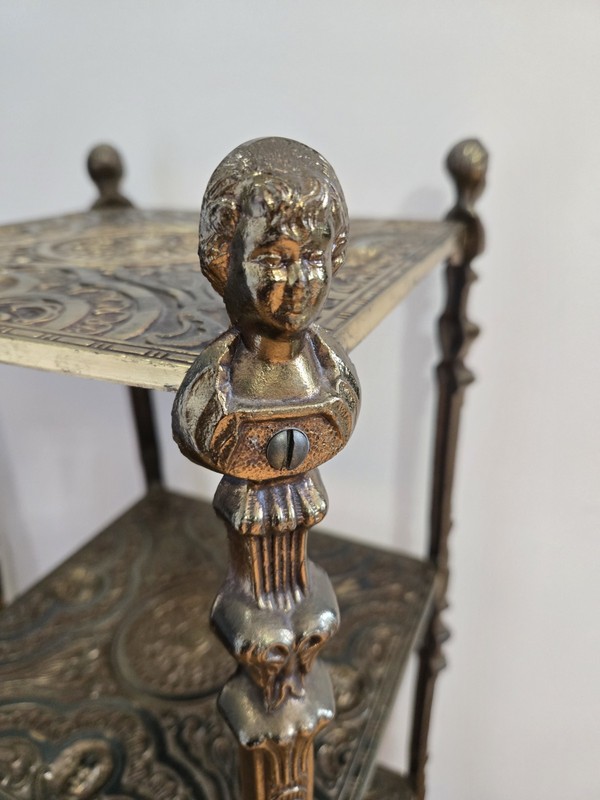 19th Century Embossed 3 Tier Brass Side Table Floral Arabesques Sculpted Busts gallery