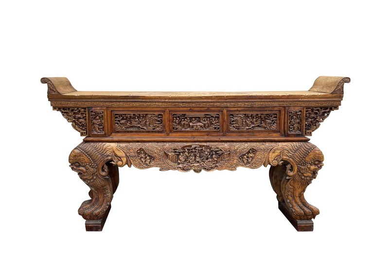 Chinese Vintage Opera Scenery Lion Heads Carving Long Altar Console Table cs7795