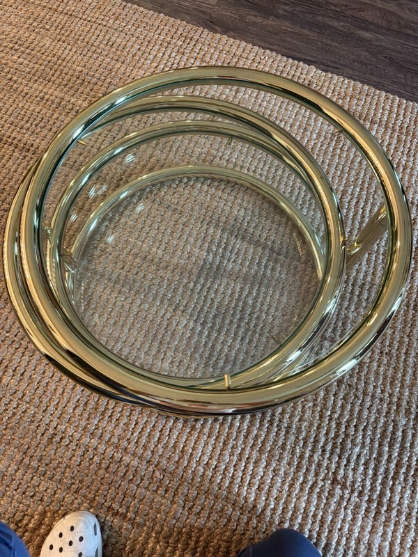 Vintage MCM Round Swivel 3 Tier Brass & Glass Table, MILO BAUGHMAN Style gallery