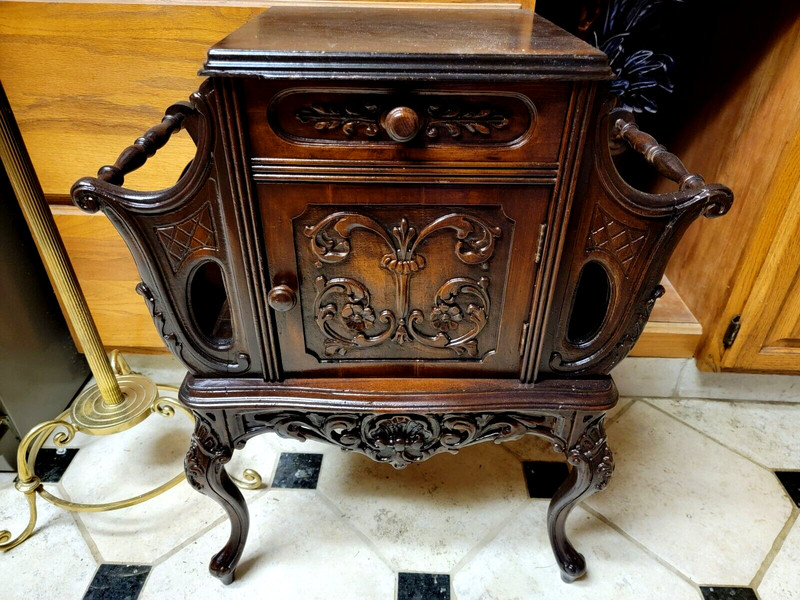 RARE ORNATE Antique Country French Wood Cabinet/Table Magazine Holders & Drawer!
