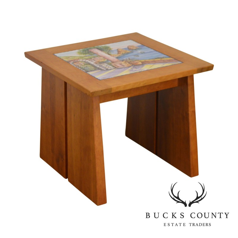 Studio Crafted Cherry Square Side Tables W/ Hand Painted Italian Capri Tiles
