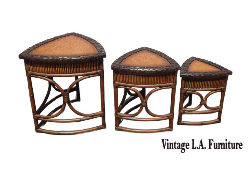Three Vintage Bamboo Rattan Leather Ostrich Nesting Tables French Country LH2