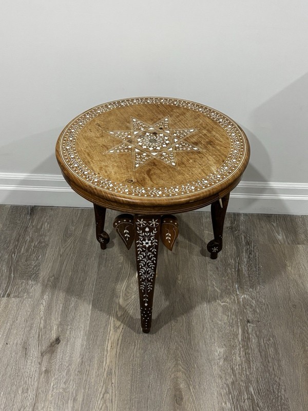 Vintage Indian Sheesham Wood Folding Side Table Elephant Leg Bone Inlay 20”