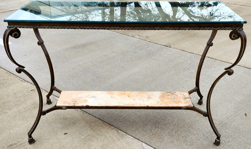 SHERRILL Patinated Console Table Metal Glass Marble 1970s gallery