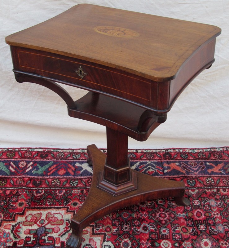 ANTIQUE REGENCY PERIOD MAHOGANY CONCH SHELL INLAID SEWING TABLE WITH LIFT TOP gallery