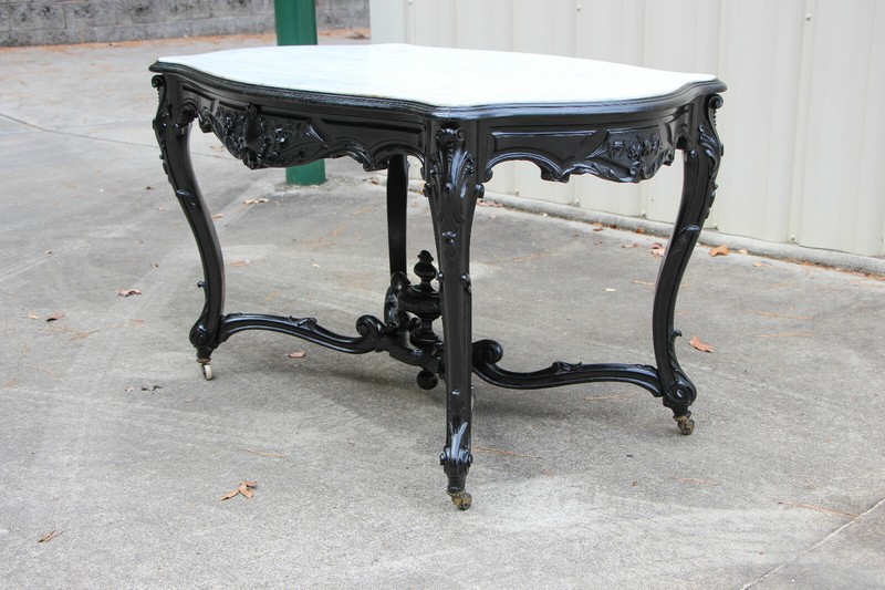 Outstanding Massive Victorian Rococo Ebonized Marble Top Center Table w Drawer gallery