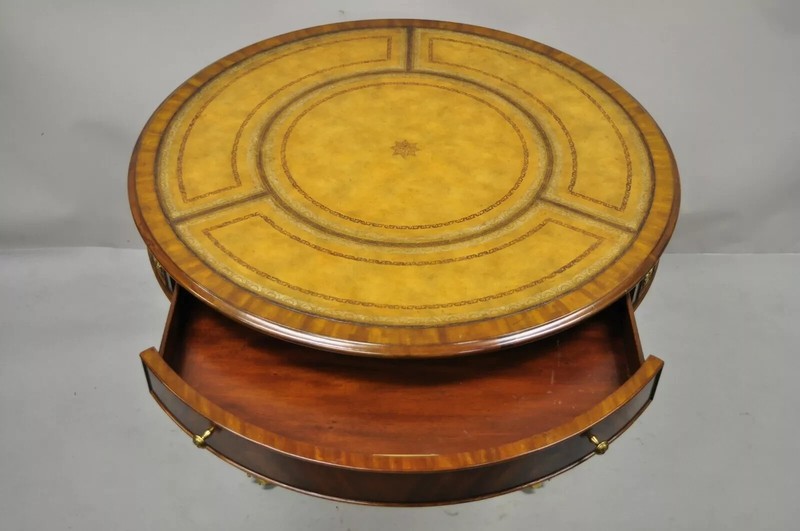 Maitland Smith French Empire Regency Leather Top Brass Feet Center Drum Table gallery