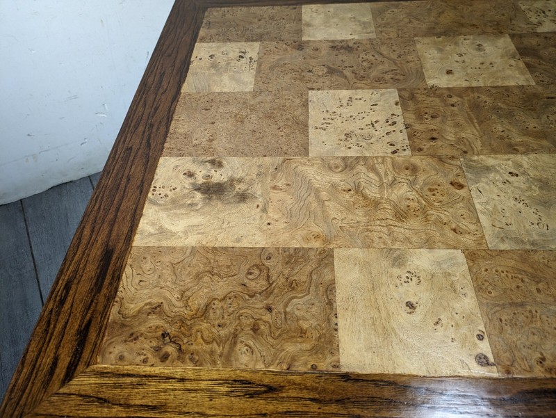Vintage Asian Ming Style Solid Wood Coffee Table Inlaid Burl Mosaic Parquet Top gallery