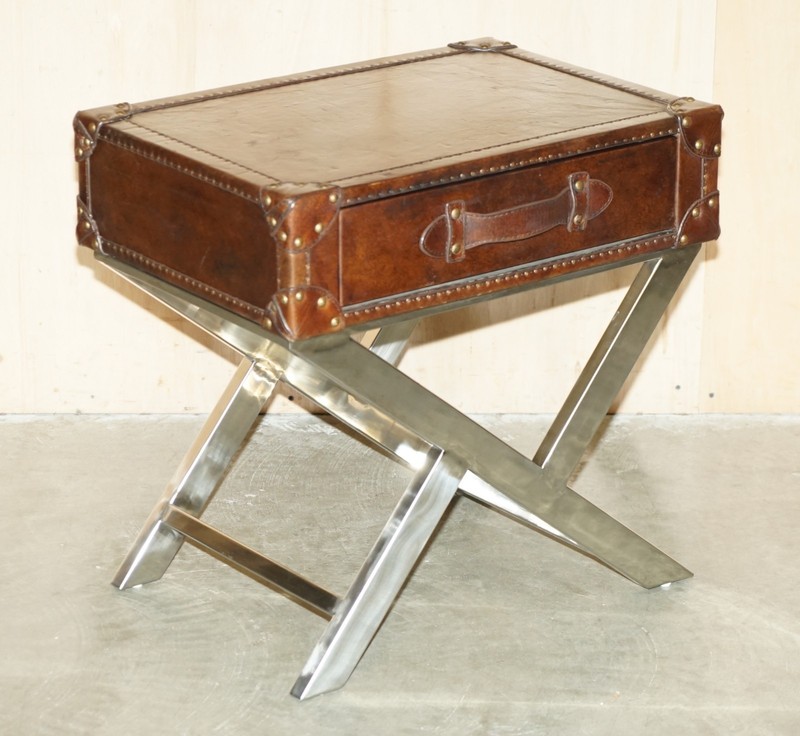 SUPER DECORATIVE HAND DYED BROWN LEATHER LUGGAGE STYLE SIDE TABLE CHROME BASE gallery