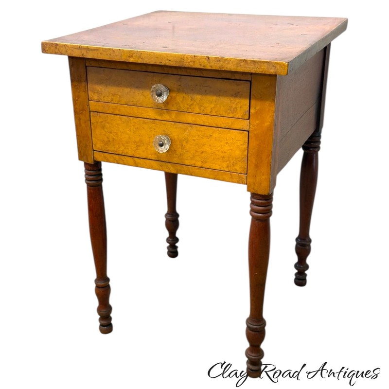 antique Birdseye maple & cherry red wash 2 drawer table stand Country Farm gallery