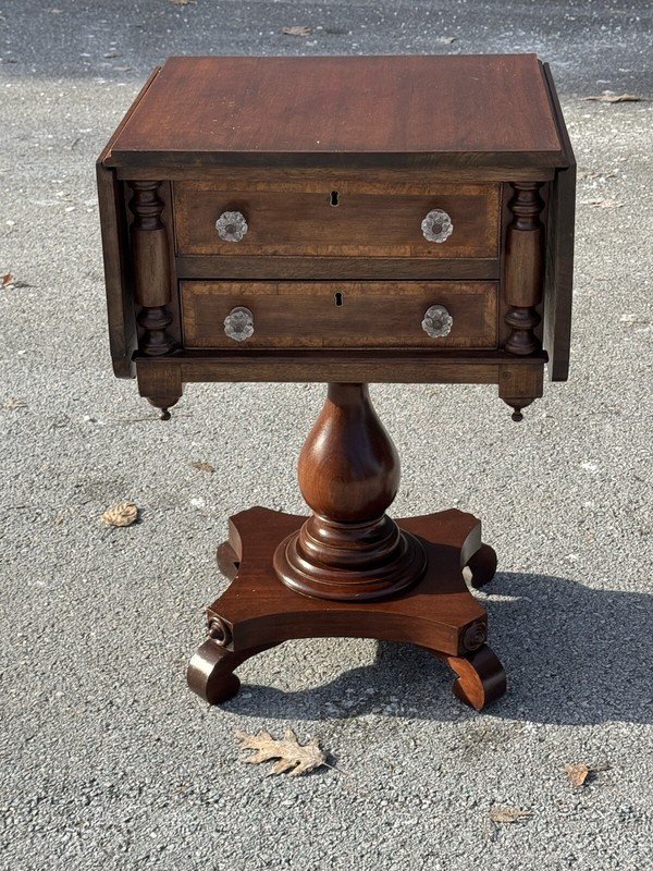 Antique EMPIRE Drop Leaf 2-Drawer Sewing/Work Table W/Glass Knobs**BEAUTIFUL**