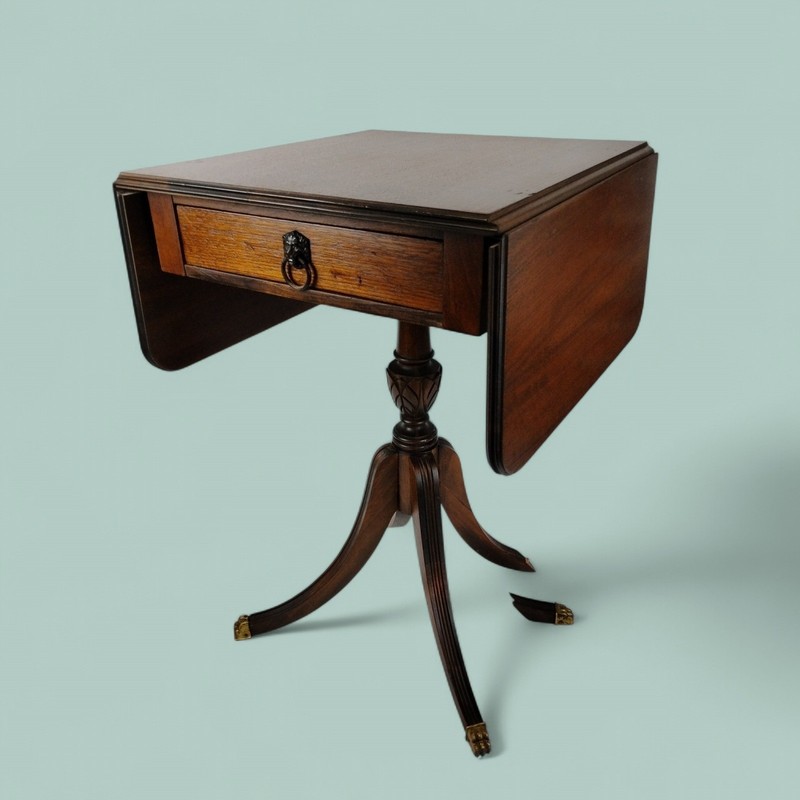 Duncan Phyfe Mahogany Drop Leaf Side Tablebw/Drawer Tripod Pedestal Brass Feet
