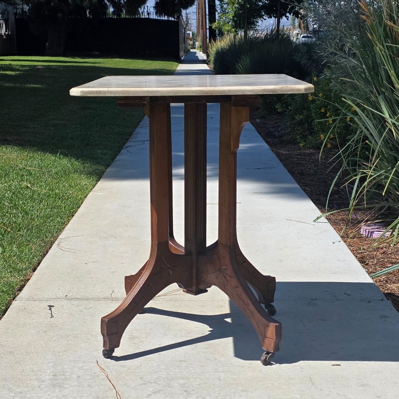 Antique Eastlake Marble Top Side Table Walnut Wood Victorian 19th C Lamp Stand gallery