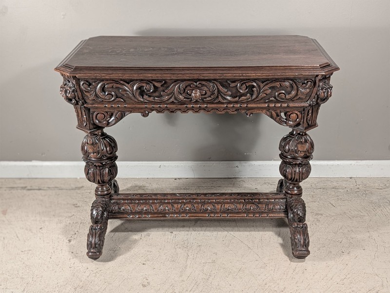 Petite Antique French Renaissance Dolphin Library Table/Desk in Oak Wood gallery