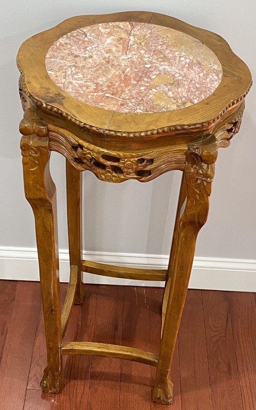 VINTAGE Large Chinese Finely Carved Wood& Marble, Round Pedestal Stand Table 36"