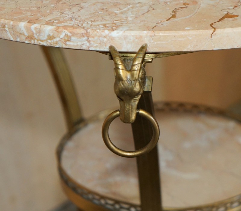 PAIR OF ANTIQUE FRENCH LOUIS XVI BRASS RAMS HEAD GUERIDON MARBLE TOP TABLES gallery
