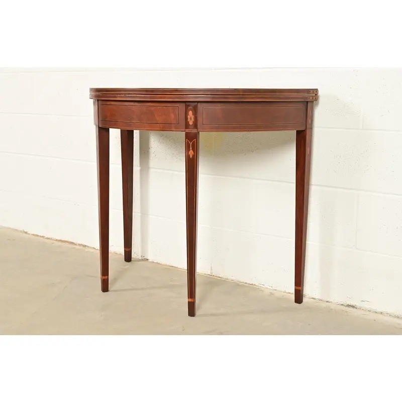 Baker Furniture Federal Inlaid Mahogany Flip-Top Demilune Console Table gallery