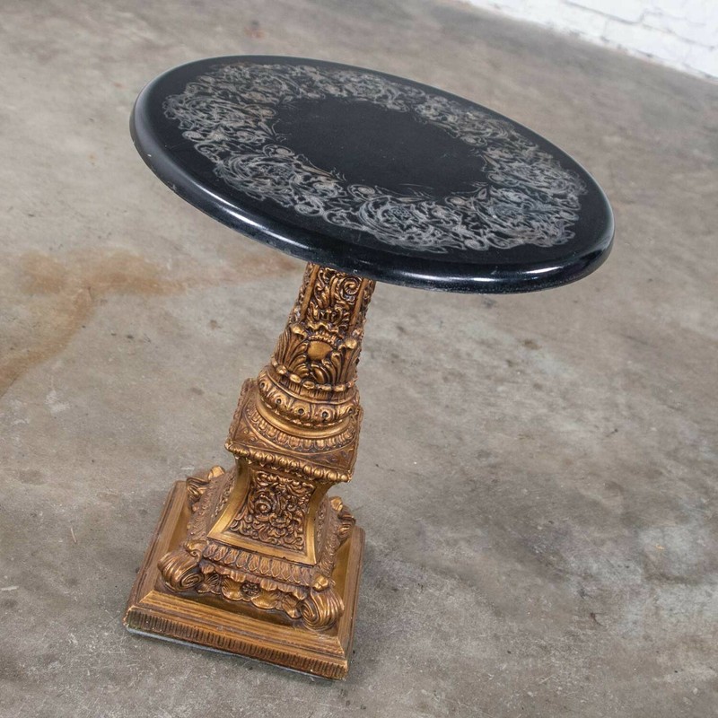 Neoclassic Hollywood Regency Gilded Plaster Round Pedestal Side Table Black Top