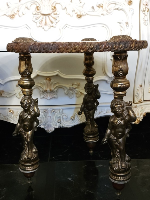 Vintage French Style Hollywood Regency 3 Leg Cherub Round End Tables Set of 2 gallery
