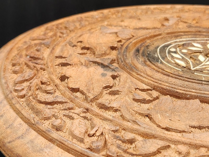 Anglo-Indian Carved Wood Inlaid "Wine" Table w/ Folding Base gallery