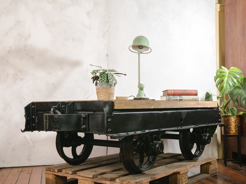 Mining Cart Table 1920s Decauville Industrial Train Coffee Table Oak Top Wheels