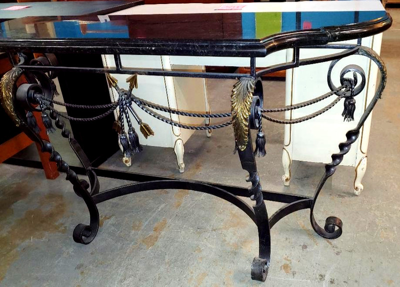 FANTASTIC MAITLAND SMITH BLACK MARBLE 53" CONSOLE TABLE, WROUGHT IRON & BRONZE. gallery