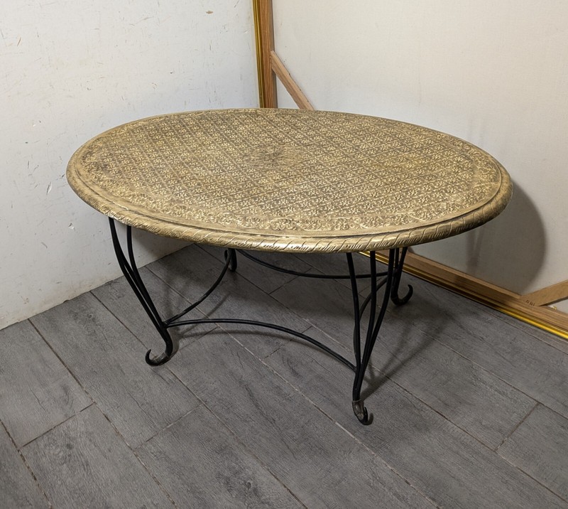 Vintage Moroccan Asian Oriental Style Embossed Brass Tin Wrought Iron Table gallery