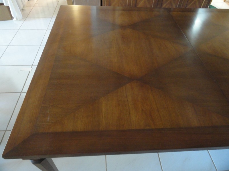 RARE 1950s WALTER WABASH PARQUETRY TOP & HEXAGONAL LEGS DINING TABLE w/ 2 LEAVES gallery