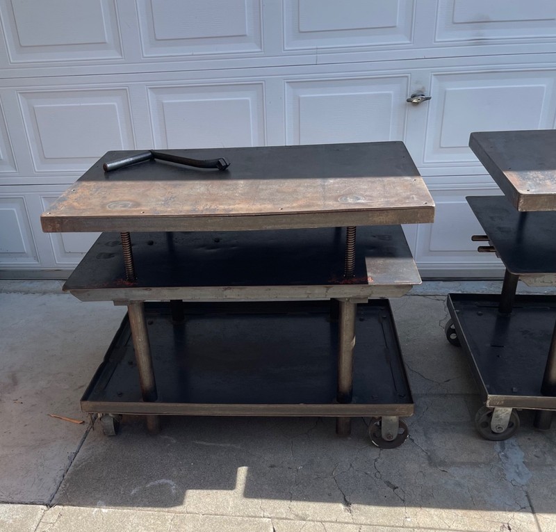 AMAZING LARGE HEAVY METAL VINTAGE INDUSTRIAL MECHANICAL TELESCOPING TABLES (2) gallery