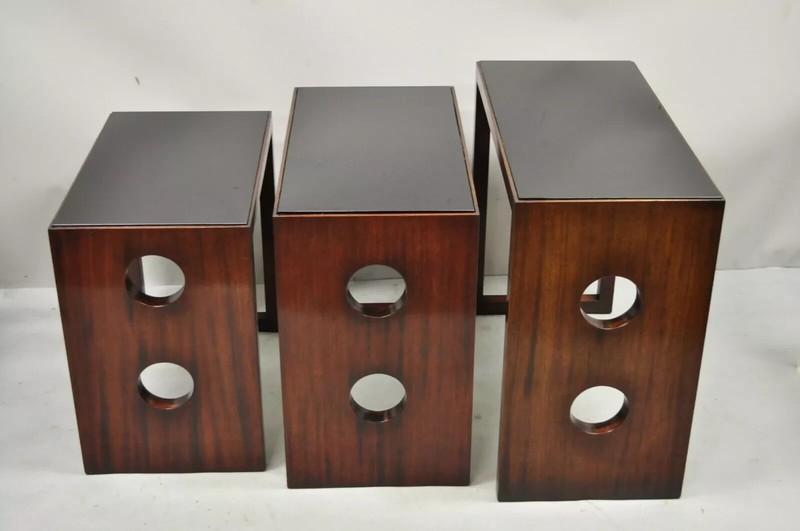 James Mont Mid Century Modern Mahogany & Glass Top Art Deco Nesting Side Tables gallery
